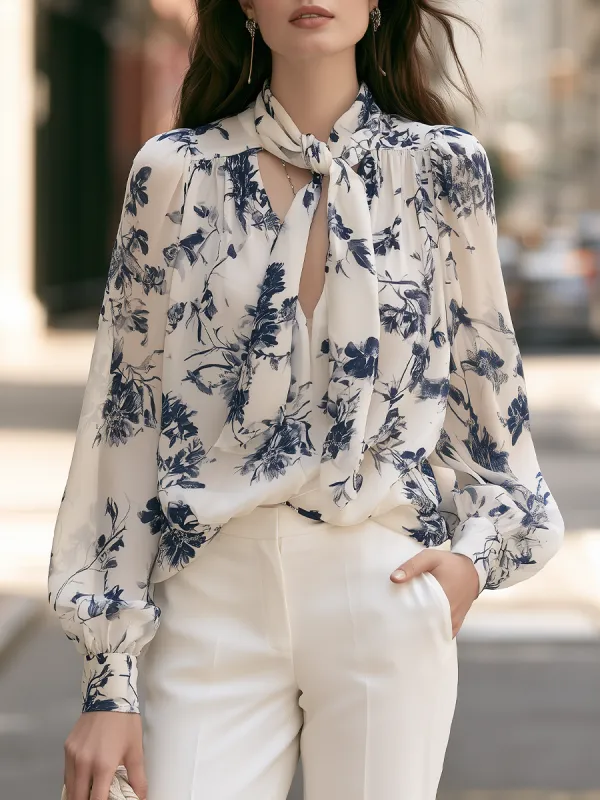 Floral Tie-Neck Balloon-Sleeve Blouse made by Mooyius