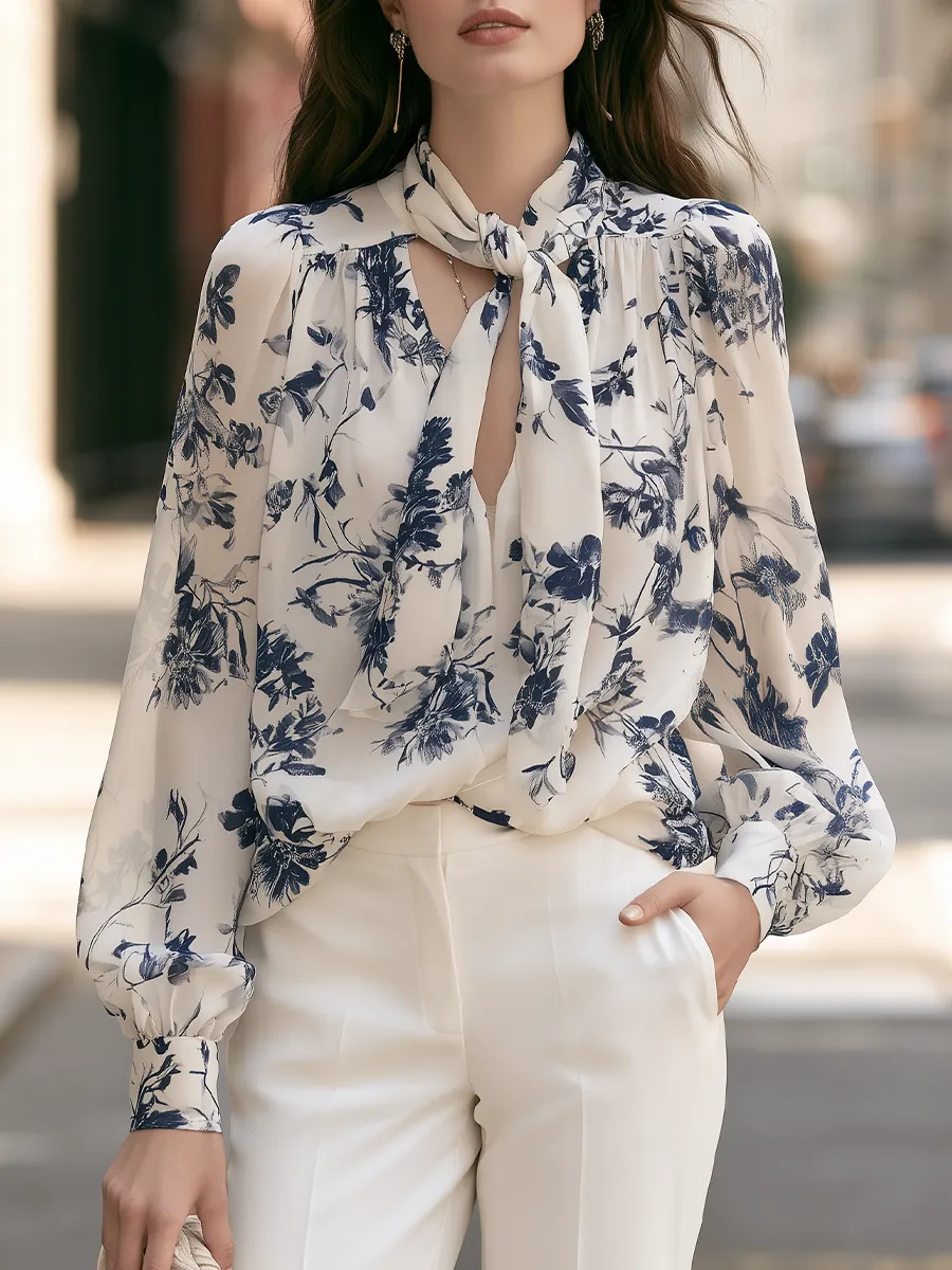 Floral Tie-Neck Balloon-Sleeve Blouse sold by Mooyius