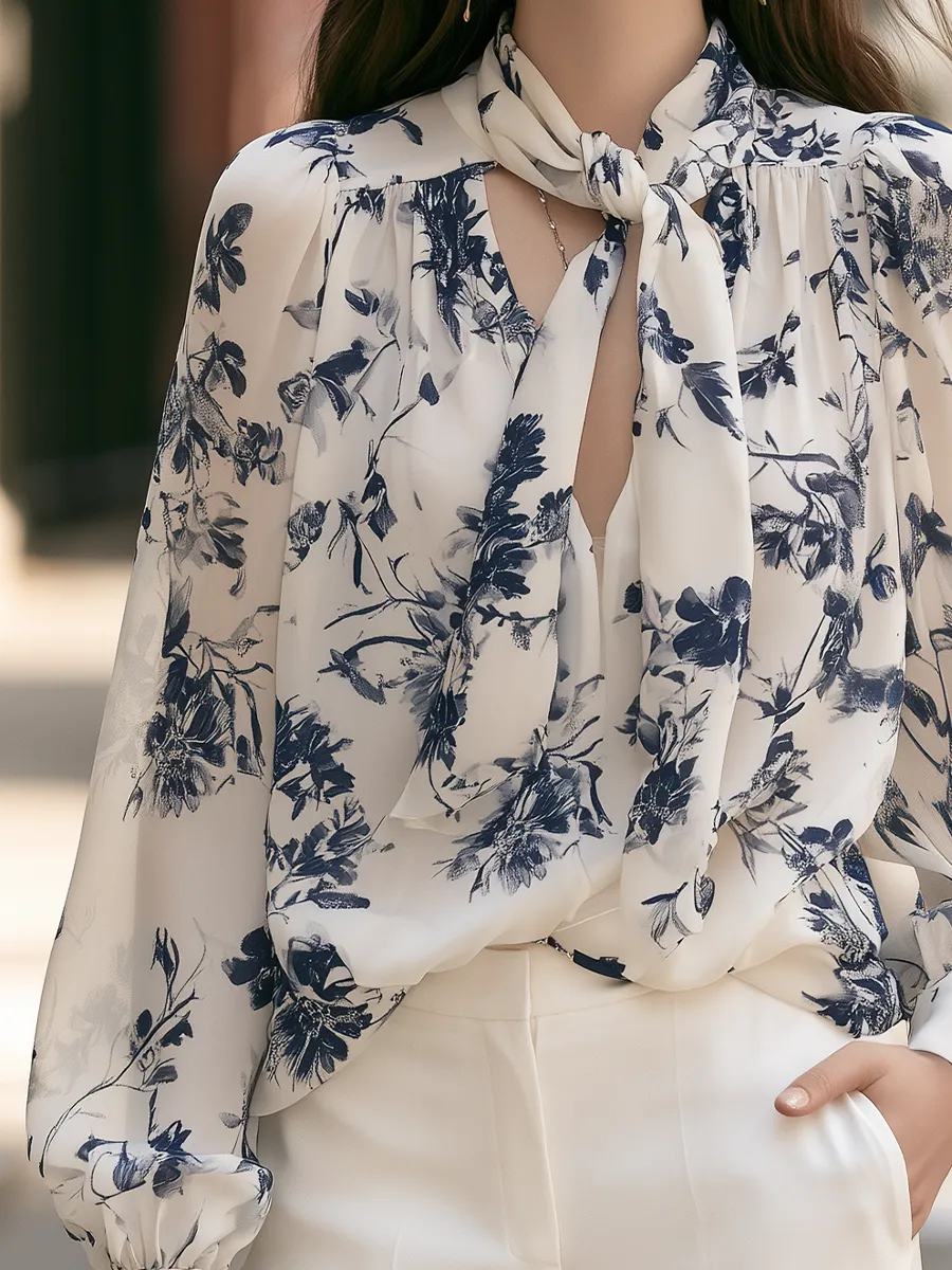 Floral Tie-Neck Balloon-Sleeve Blouse sold by Mooyius product image thumbnail 3