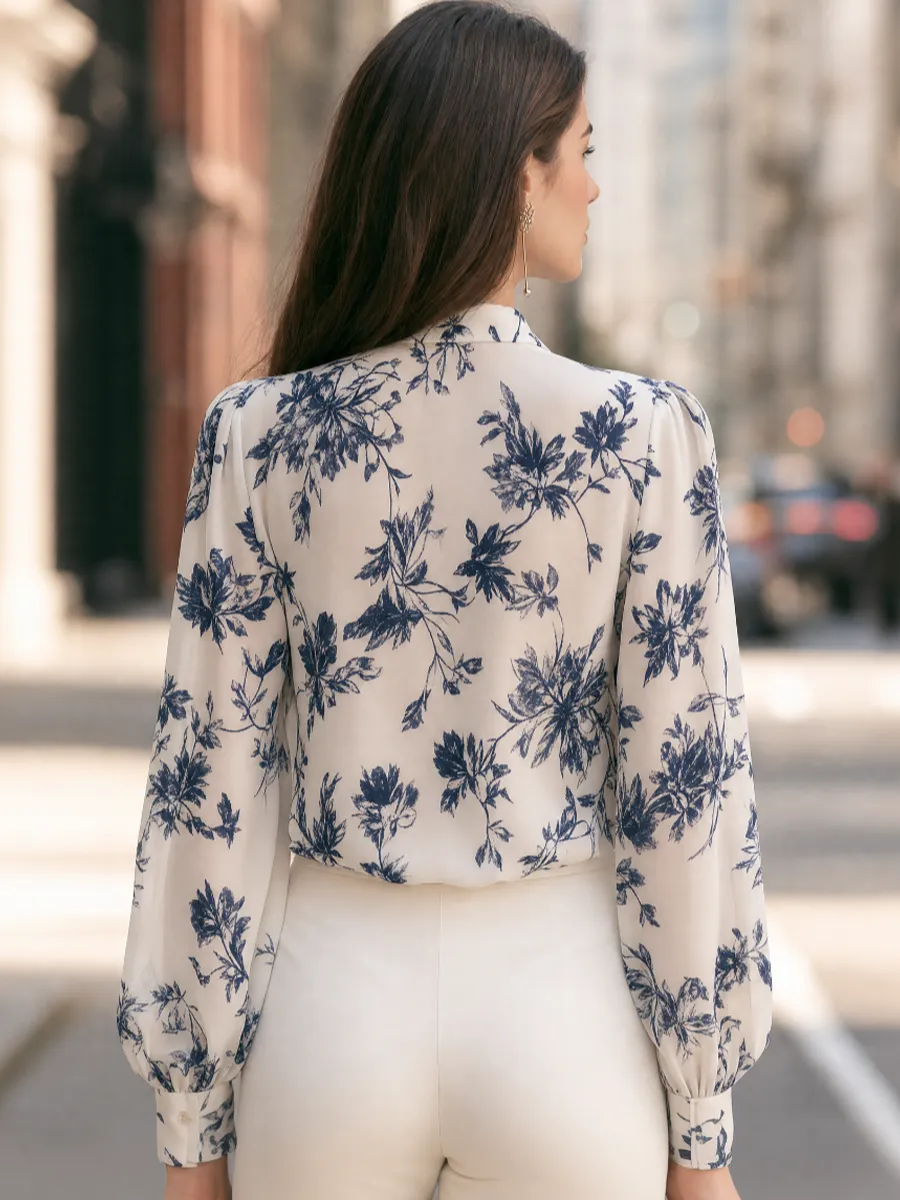 Floral Tie-Neck Balloon-Sleeve Blouse sold by Mooyius product image thumbnail 5