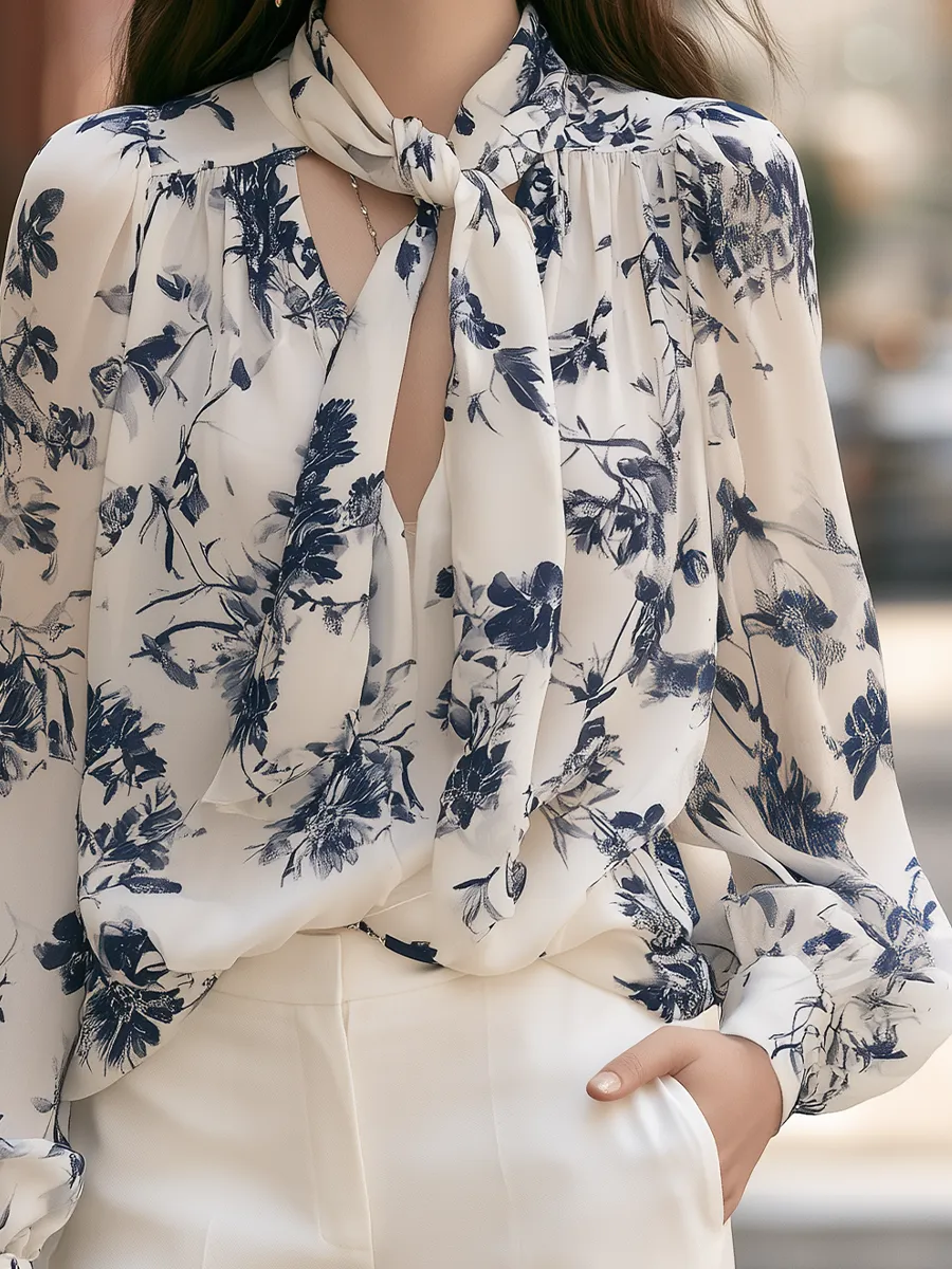 Floral Tie-Neck Balloon-Sleeve Blouse sold by Mooyius product image thumbnail 4