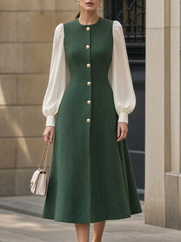 Contrast Sleeve Button-Front Tweed Structured Midi Dress made by Mooyius