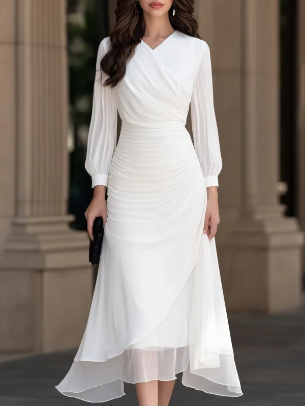 Gathered Waist Layered Draped Chiffon Midi Dress made by Mooyius