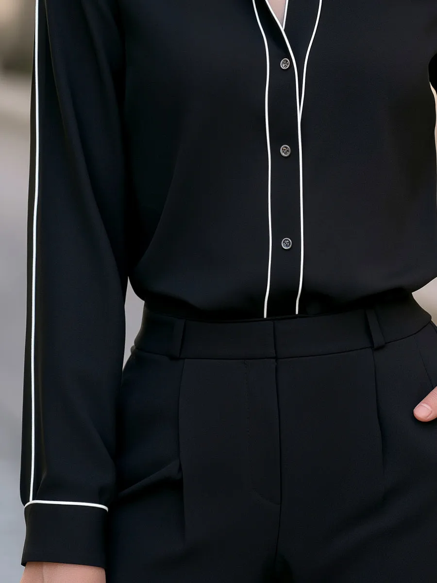 Front Button Contrast Piping Long Sleeve Blouse sold by Mooyius product image thumbnail 4