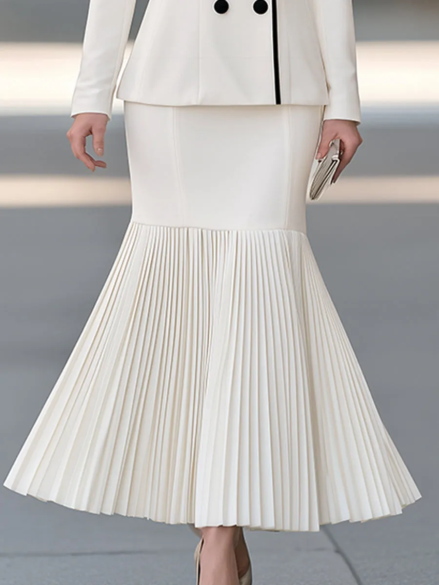 White Contrast Trim Double-Breasted Blazer Pleated Skirt Suit Set sold by Mooyius product image thumbnail 4