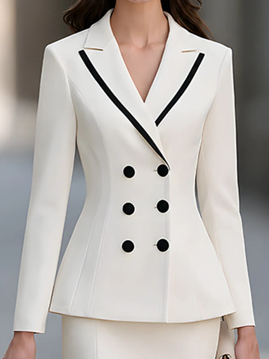 White Contrast Trim Double-Breasted Blazer Pleated Skirt Suit Set sold by Mooyius product image thumbnail 5
