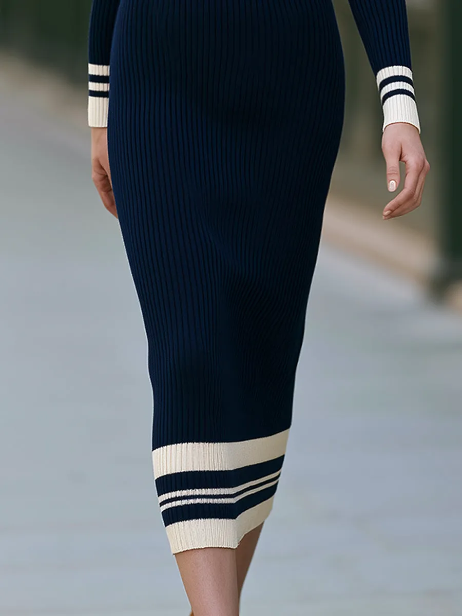 Contrast-Trim Polo Ribbed Knit Midi Dress sold by Mooyius product image thumbnail 3