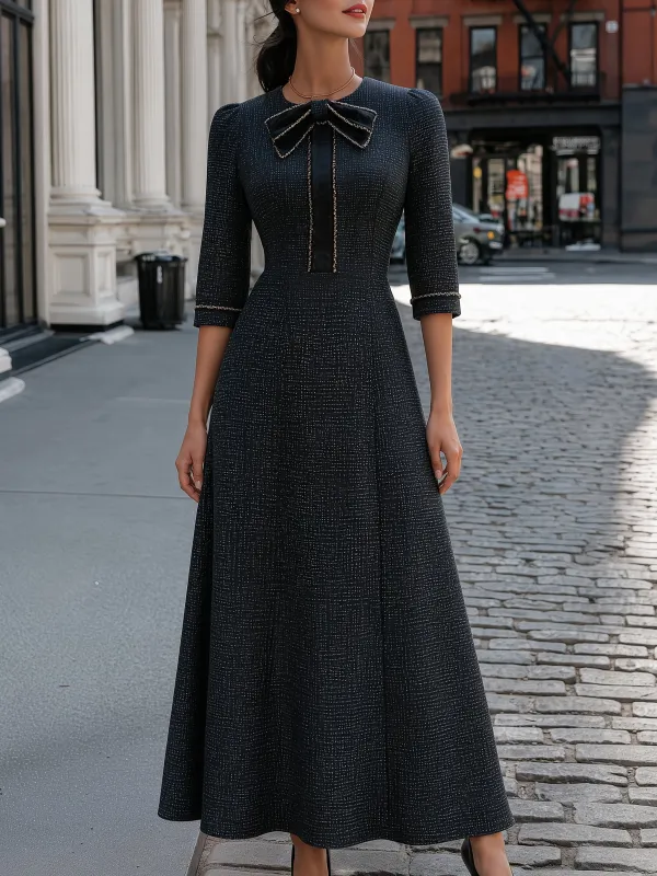 Tweed-Texture Bow-Collar A-Line Maxi Dress made by Mooyius