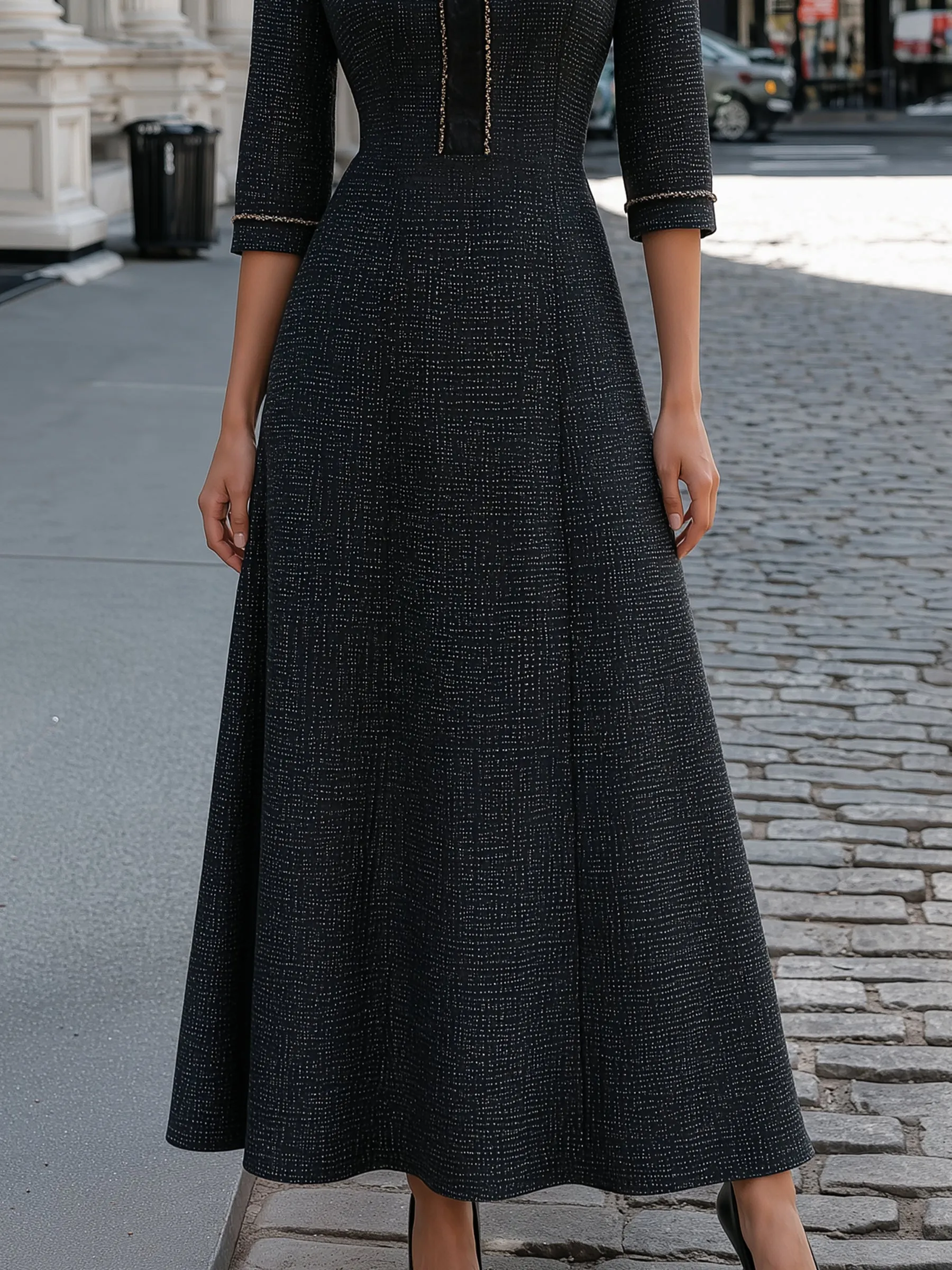 Tweed-Texture Bow-Collar A-Line Maxi Dress sold by Mooyius product image thumbnail 4