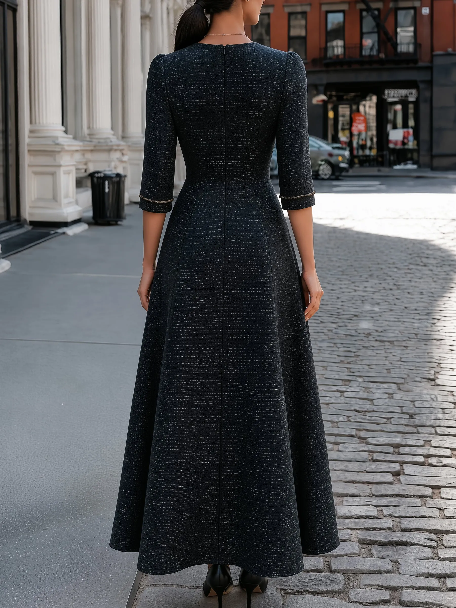 Tweed-Texture Bow-Collar A-Line Maxi Dress sold by Mooyius product image thumbnail 5