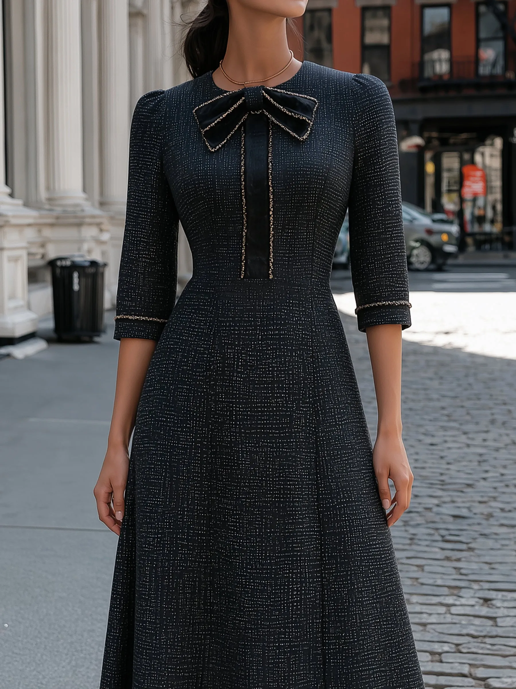 Tweed-Texture Bow-Collar A-Line Maxi Dress sold by Mooyius product image thumbnail 3