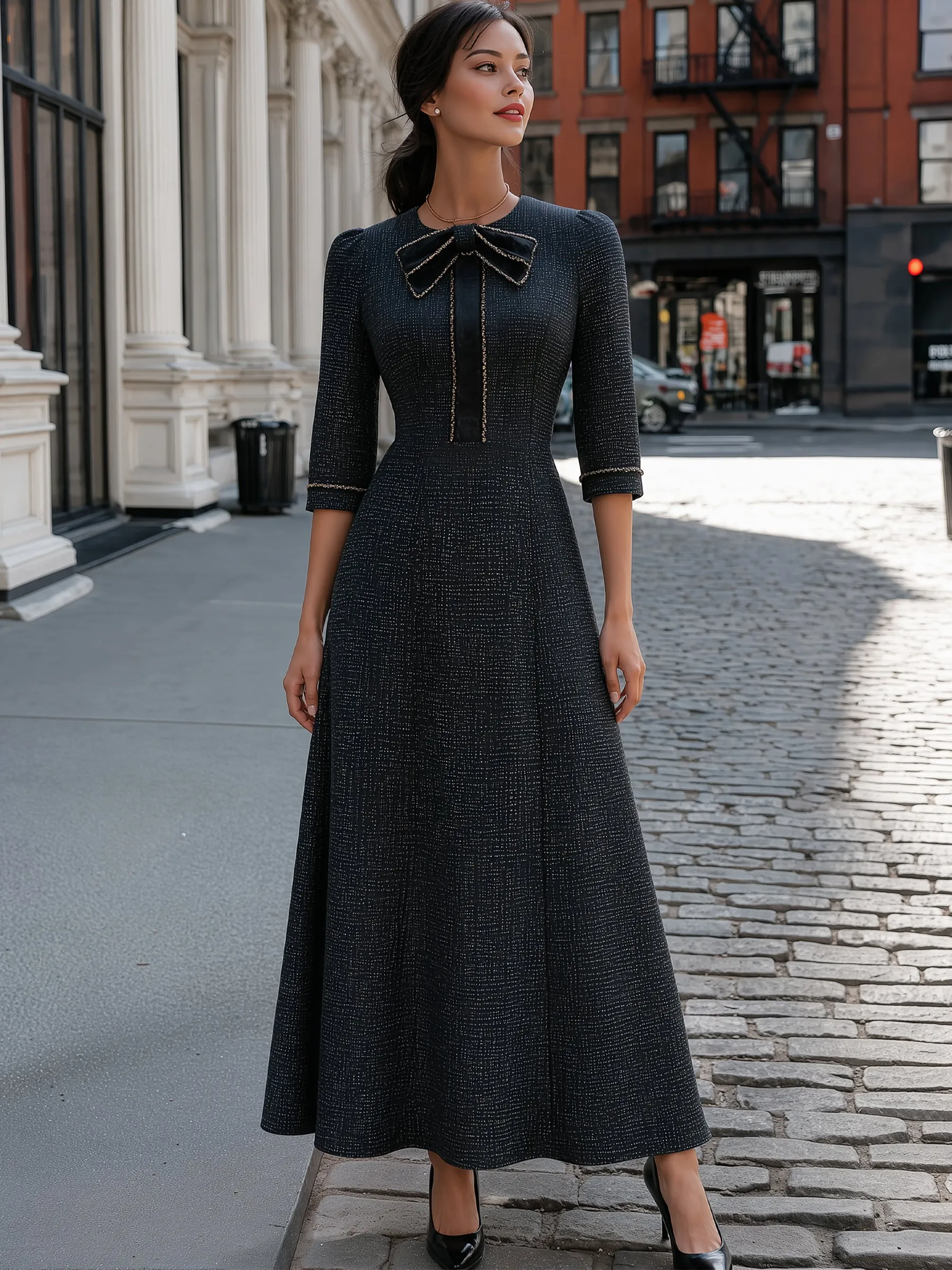 Tweed-Texture Bow-Collar A-Line Maxi Dress sold by Mooyius product image thumbnail 2