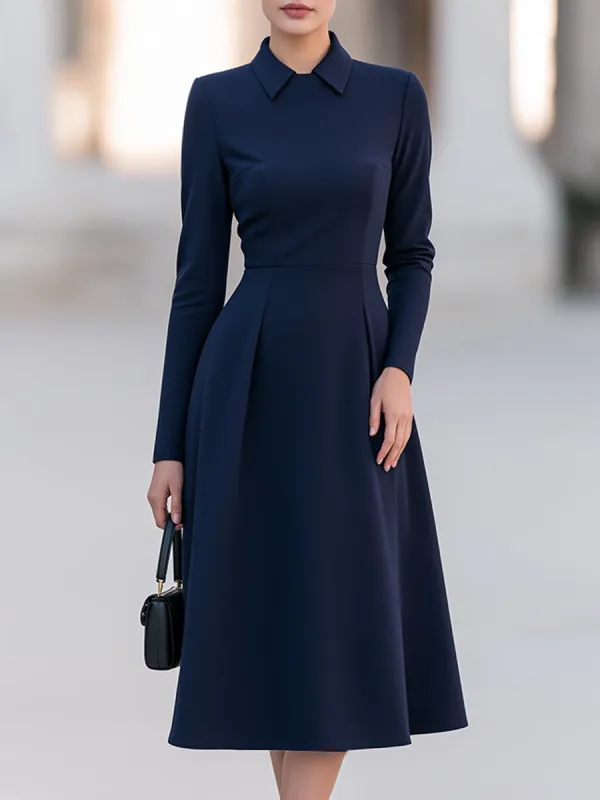 Elegant Navy Blue Long Sleeve Collared A-Line Midi Dress made by Mooyius