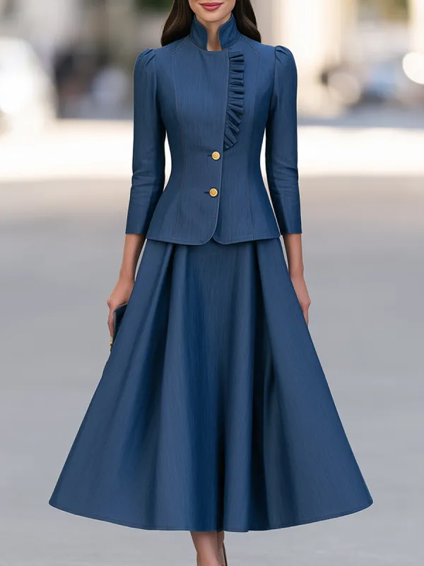 Elegant Stand Collar Ruffled Blazer Jacket And A-Line Skirt Set made by Mooyius