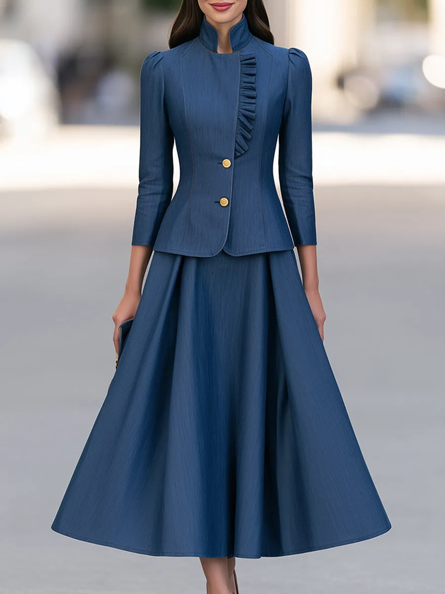 Elegant Stand Collar Ruffled Blazer Jacket And A-Line Skirt Set sold by Mooyius