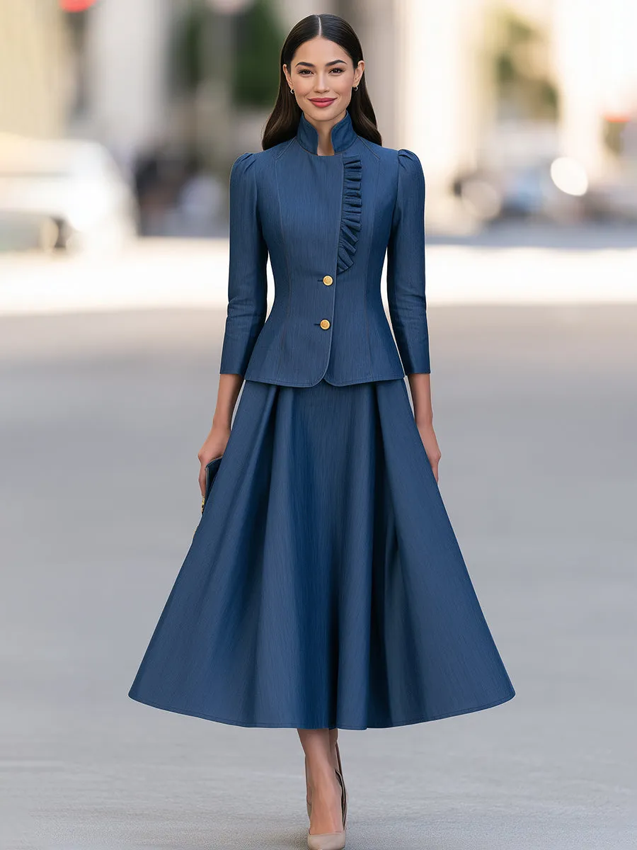 Elegant Stand Collar Ruffled Blazer Jacket And A-Line Skirt Set sold by Mooyius product image thumbnail 3