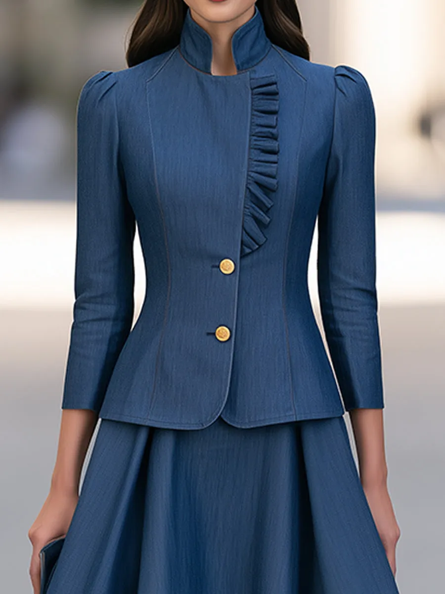 Elegant Stand Collar Ruffled Blazer Jacket And A-Line Skirt Set sold by Mooyius product image thumbnail 4