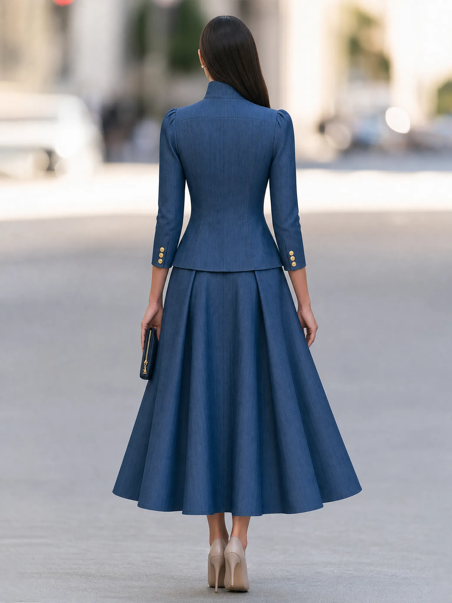 Elegant Stand Collar Ruffled Blazer Jacket And A-Line Skirt Set sold by Mooyius product image thumbnail 2
