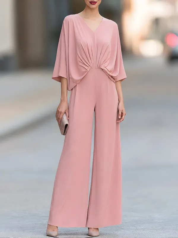 Women's V-Neck Batwing Sleeve Draped Wide Leg Jumpsuit made by Mooyius