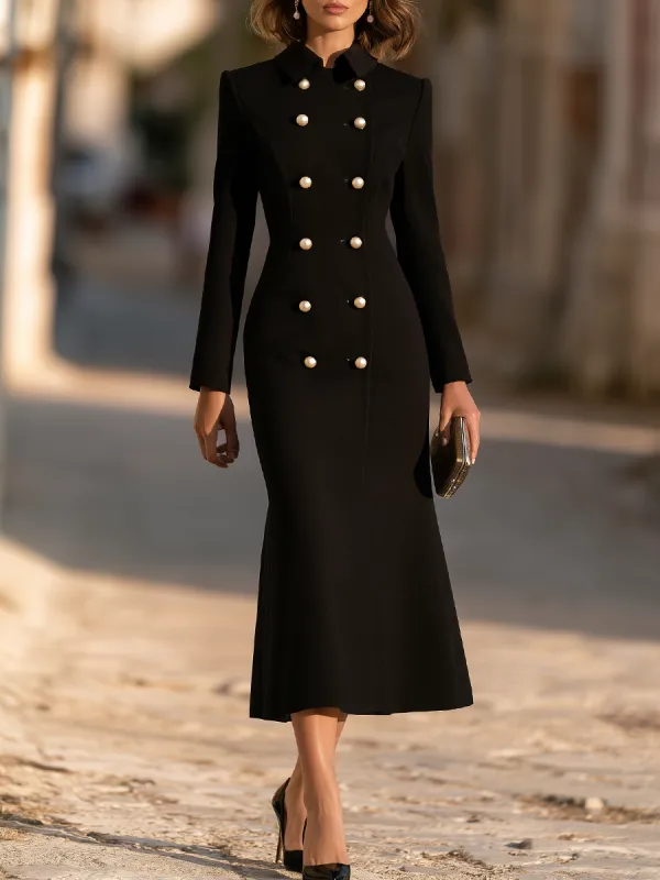 Point-Collar Double-Breasted Pearl-Button Fishtail Midi Dress made by Mooyius