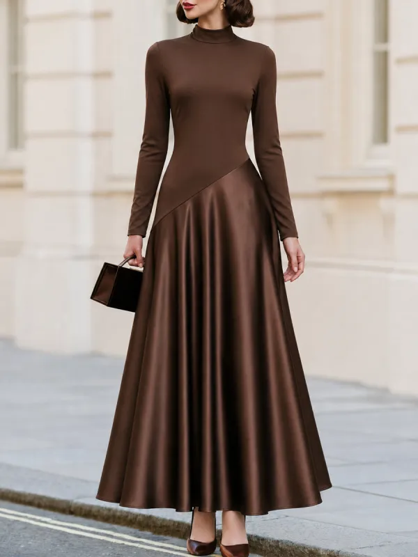 High‑Neck Long‑Sleeve Mixed‑Fabric Satin Maxi Dress made by Something Navy