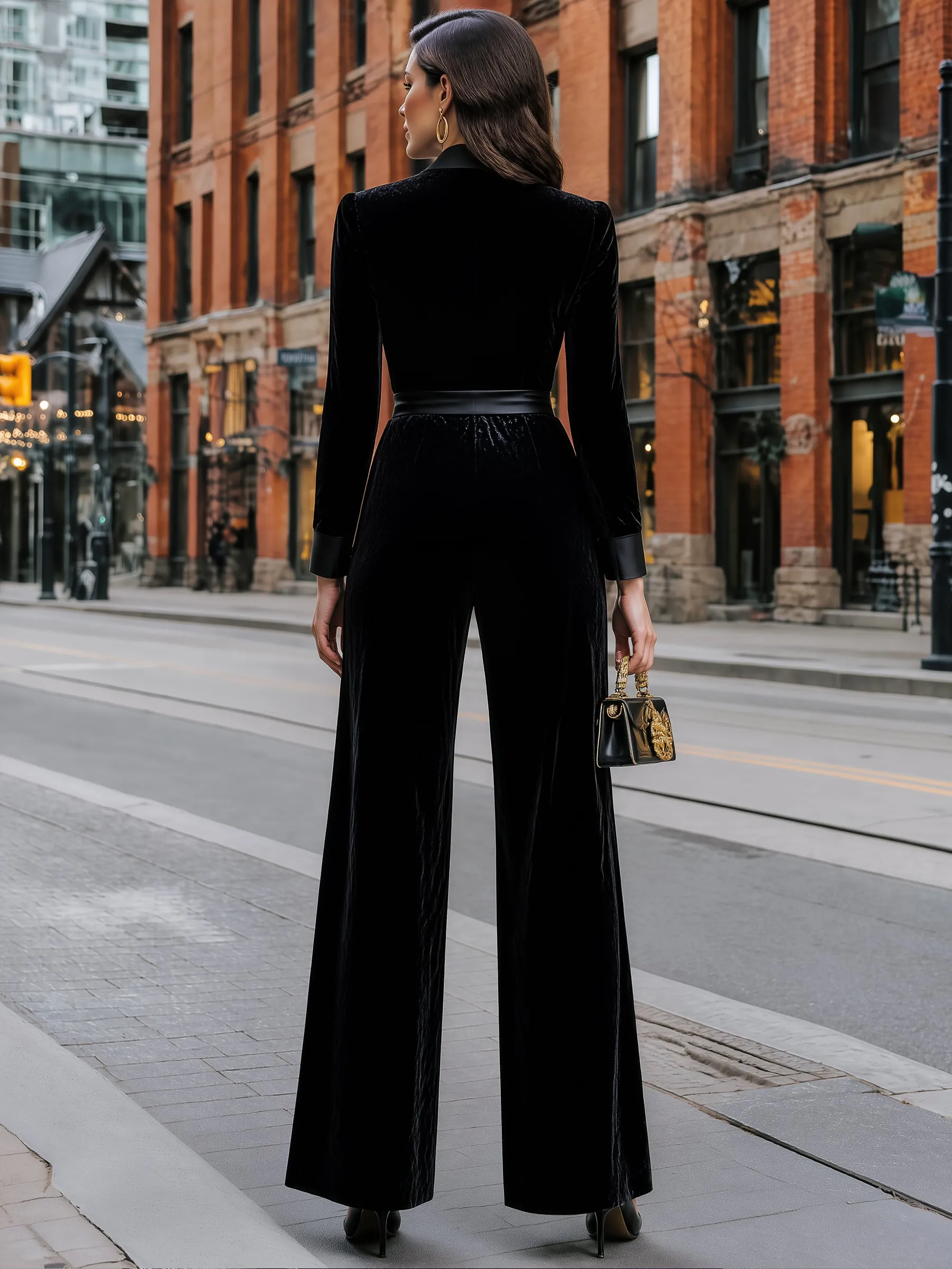 Velvet Satin-Lapel Tie-Waist Jumpsuit sold by Mooyius product image thumbnail 5