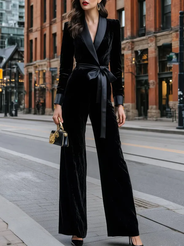 Velvet Satin-Lapel Tie-Waist Jumpsuit made by Mooyius