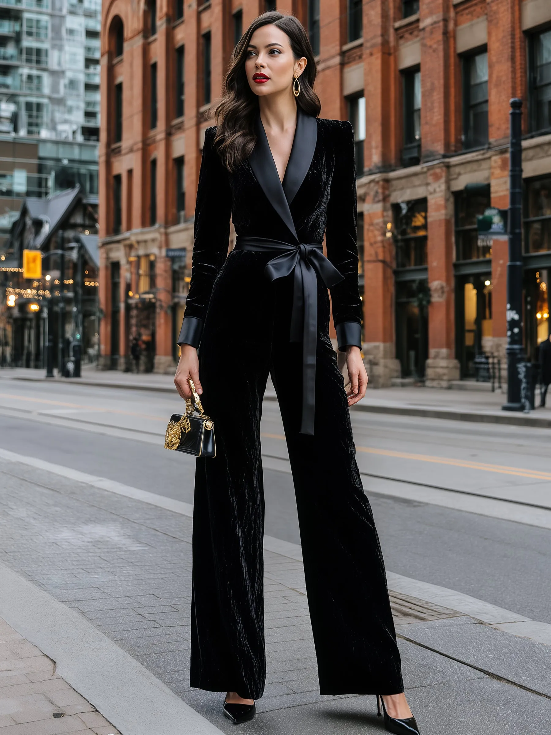Velvet Satin-Lapel Tie-Waist Jumpsuit sold by Mooyius product image thumbnail 2