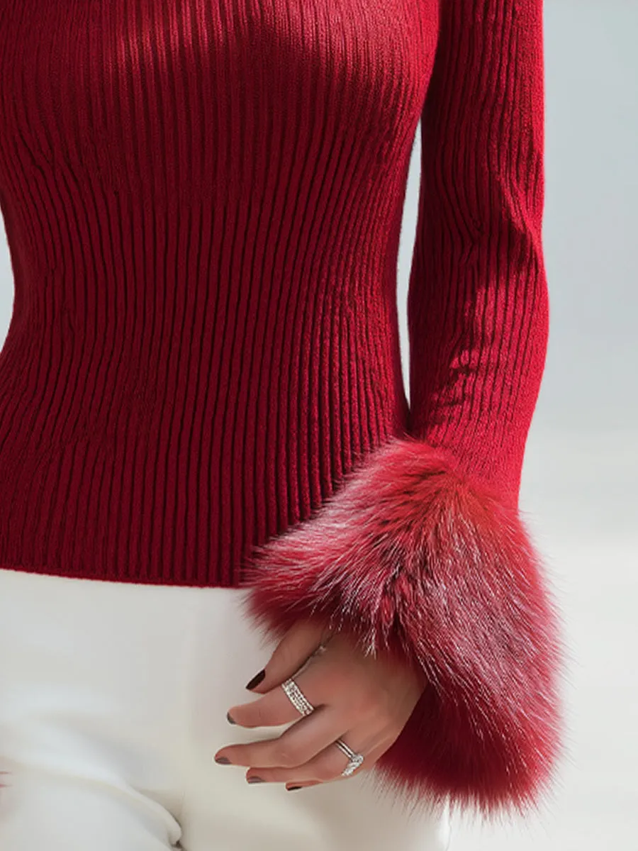 Faux Fur Cuffs Boat-Neck Ribbed Knit Sweater sold by Mooyius product image thumbnail 5