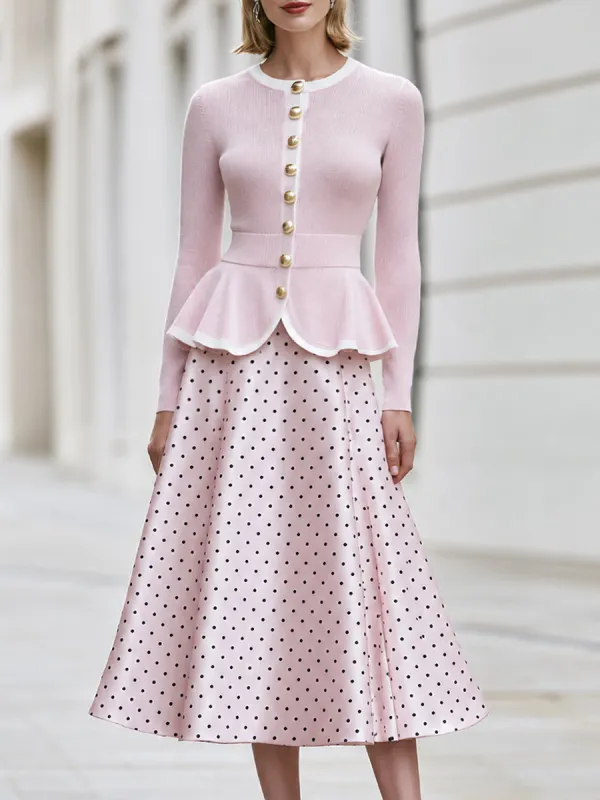Peplum Cardigan And Polka-Dot Midi Skirt Set made by Mooyius
