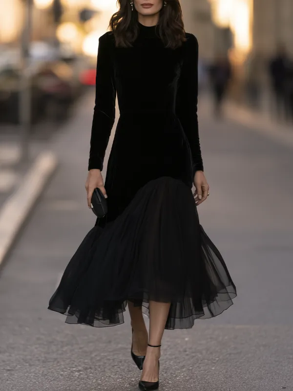 Mock-Neck Sheer Godet Hem Velvet Trumpet Maxi Dress made by Mooyius