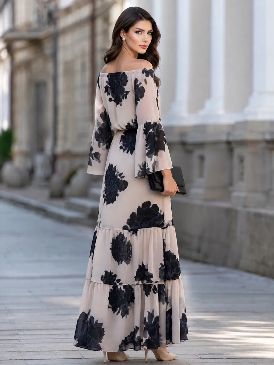 Off-Shoulder Floral Print Bell Sleeve Tiered Maxi Dress sold by Mooyius product image thumbnail 5