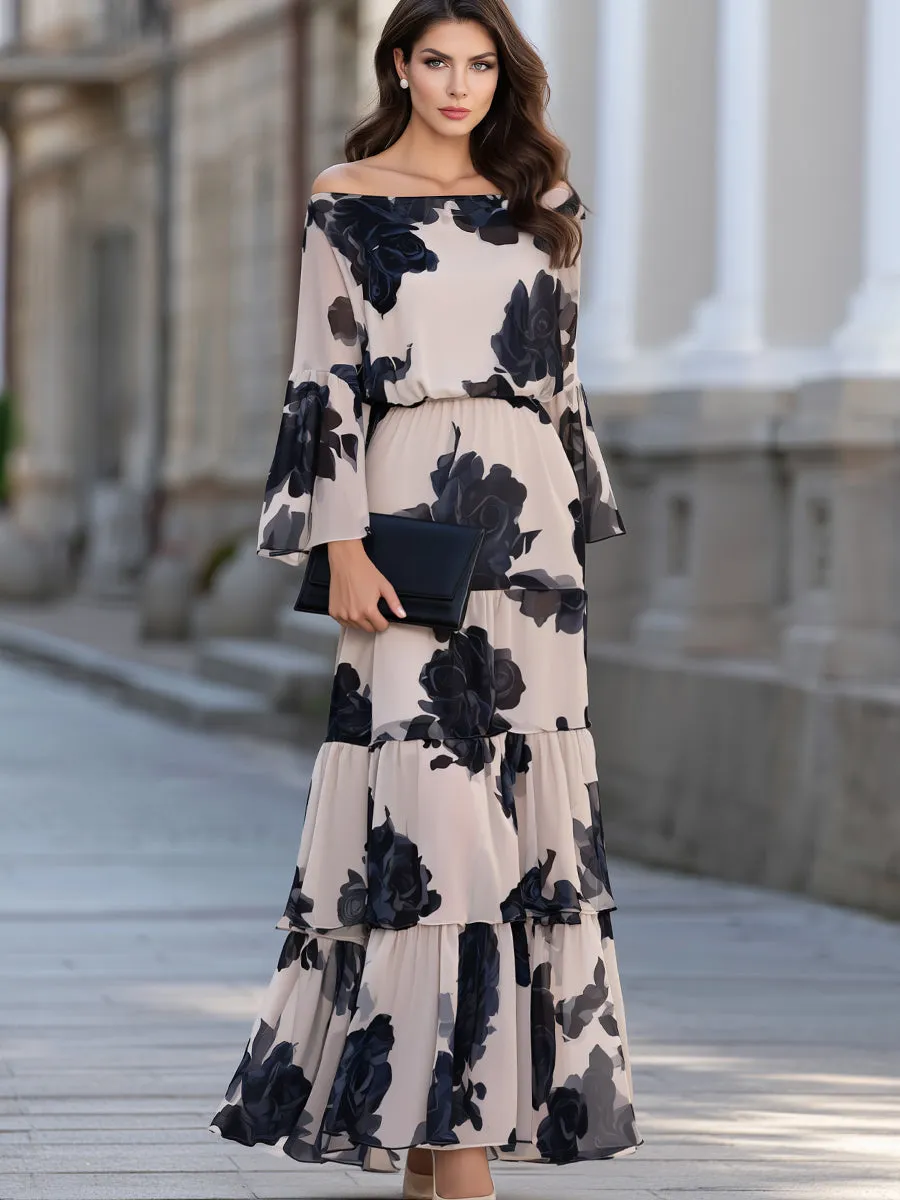 Off-Shoulder Floral Print Bell Sleeve Tiered Maxi Dress sold by Mooyius product image thumbnail 2