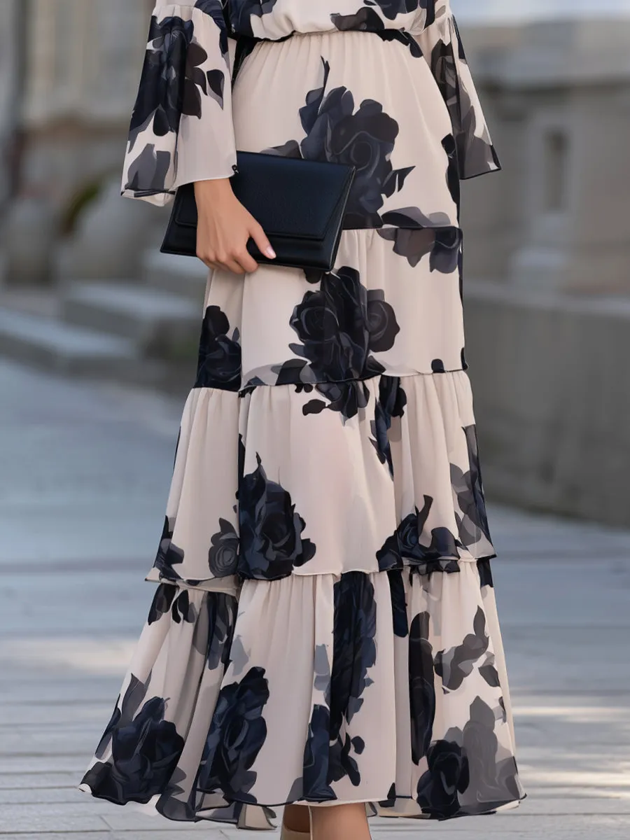 Off-Shoulder Floral Print Bell Sleeve Tiered Maxi Dress sold by Mooyius product image thumbnail 4