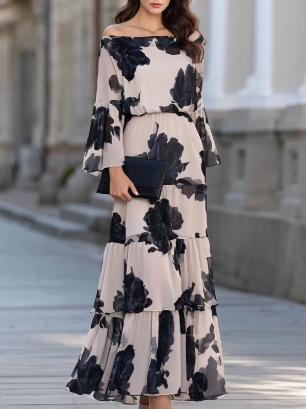Off-Shoulder Floral Print Bell Sleeve Tiered Maxi Dress made by Mooyius