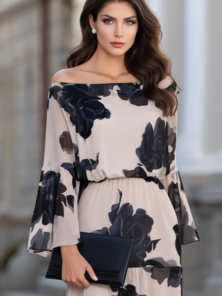 Off-Shoulder Floral Print Bell Sleeve Tiered Maxi Dress sold by Mooyius product image thumbnail 3