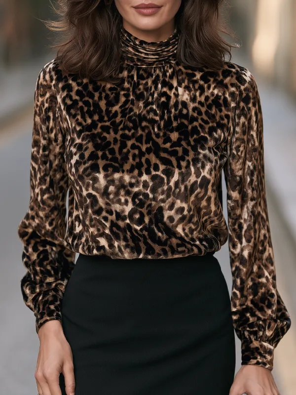 Women's Leopard Print High Neck Long Sleeve Blouse Top made by Mooyius