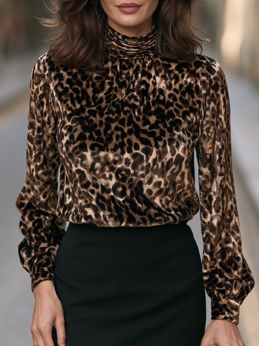Women's Leopard Print High Neck Long Sleeve Blouse Top sold by Mooyius