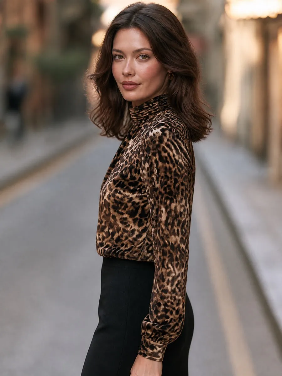 Women's Leopard Print High Neck Long Sleeve Blouse Top sold by Mooyius product image thumbnail 3