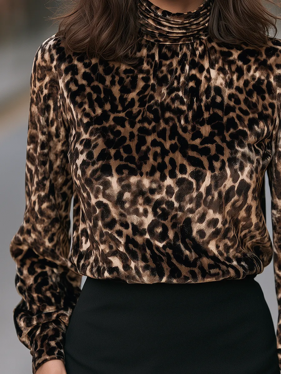 Women's Leopard Print High Neck Long Sleeve Blouse Top sold by Mooyius product image thumbnail 4
