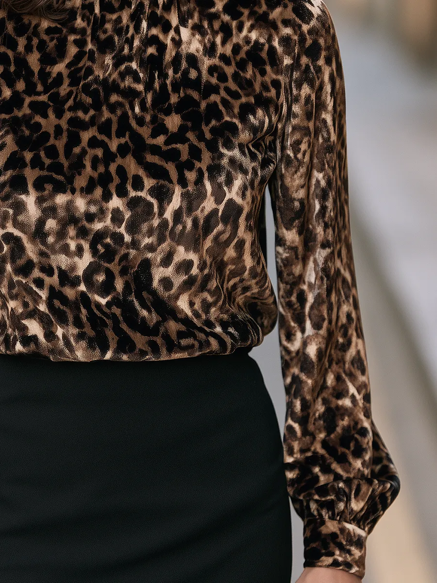 Women's Leopard Print High Neck Long Sleeve Blouse Top sold by Mooyius product image thumbnail 5