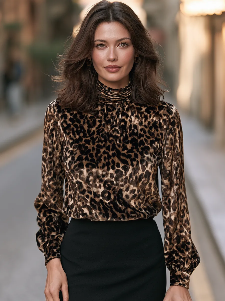 Women's Leopard Print High Neck Long Sleeve Blouse Top sold by Mooyius product image thumbnail 2