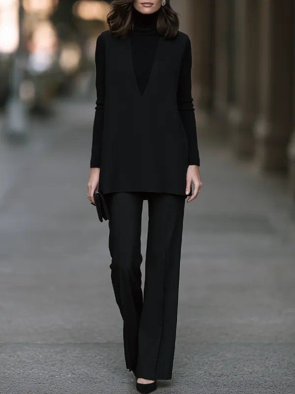 Turtleneck Knit Top, Deep V Sleeveless Tunic And Wide-Leg Trouser Three-Piece Set made by Mooyius