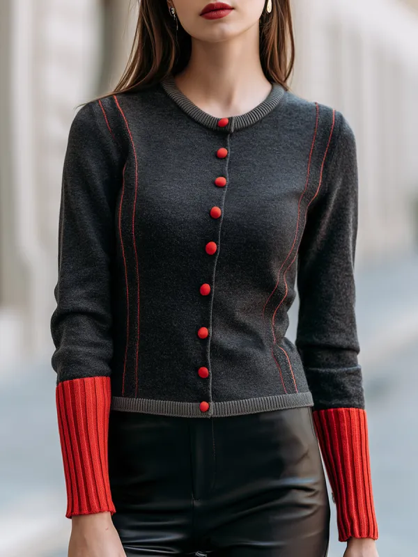 Contrast Trim Button-Front Knit Cardigan made by Mooyius