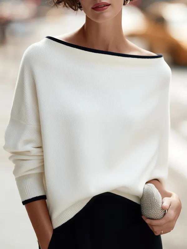 Contrast-Trim Boat-Neck Dolman Sleeve Oversized Knit Sweater made by Mooyius