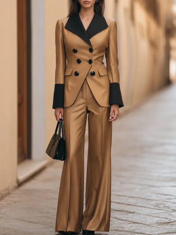 Contrast-Lapel Double-Breasted Wide-Leg Pants Set made by Mooyius