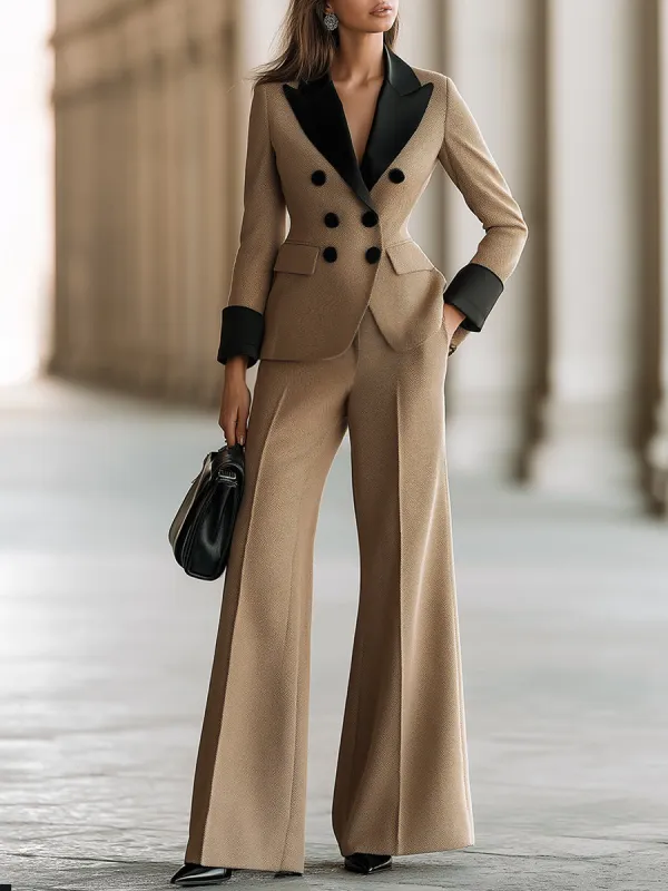 Contrast-Lapel Double-Breasted Wide-Leg Pants Set made by Mooyius