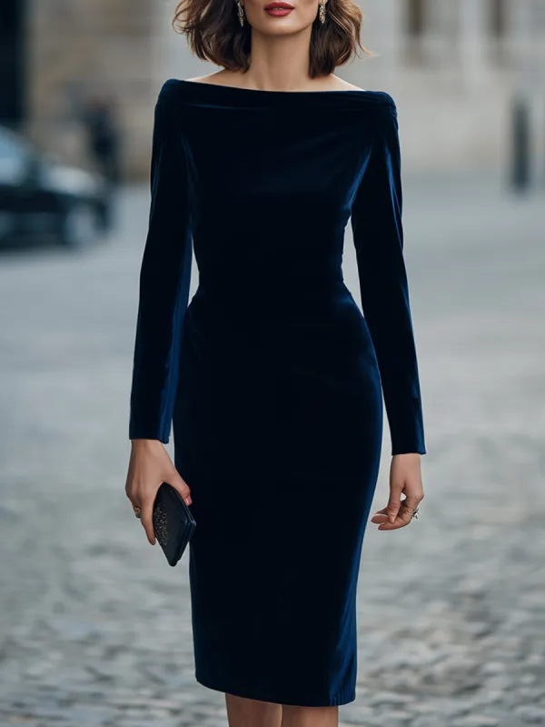 Boat-Neck Velvet Bodycon Midi Dress made by Mooyius