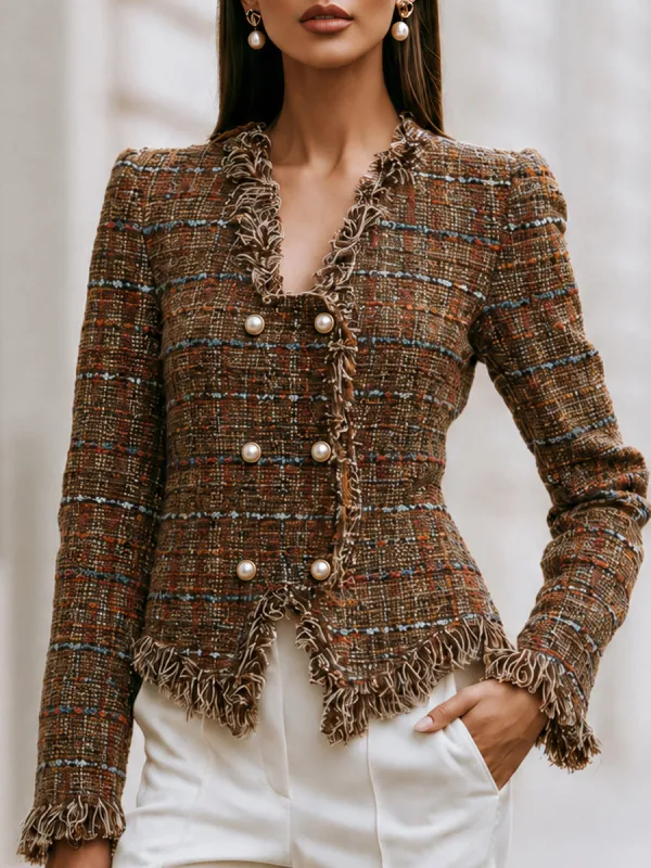 Fringe-Trim Tweed Peplum Jacket made by Mooyius