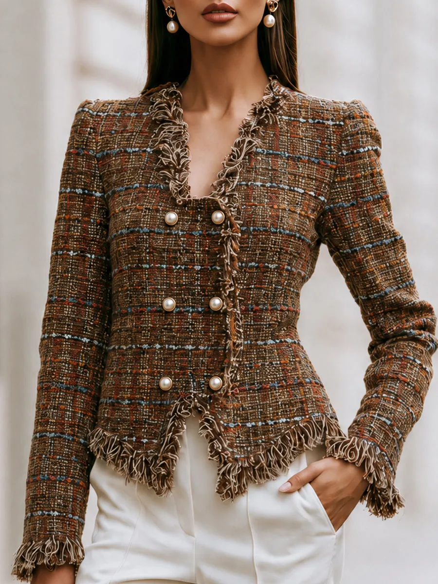 Fringe-Trim Tweed Peplum Jacket sold by Mooyius